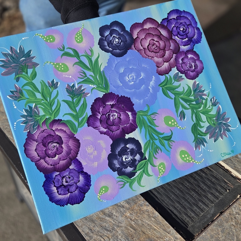 Floral Canvas Art with Purple and Green Accents